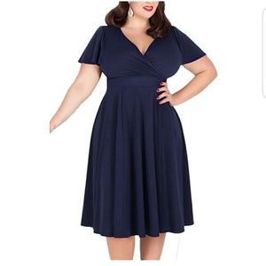 V-neckline Stretchy Causal Midi Navy Dress